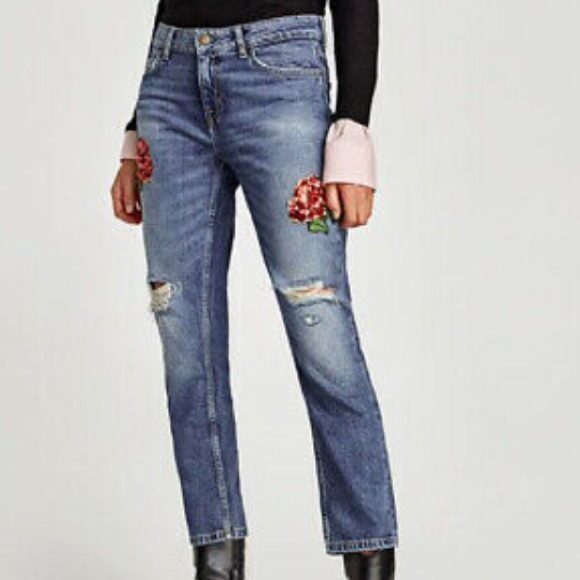 Zara Denim - ZARA Relaxed Fit Floral Sequin Rose Denim Jeans 10